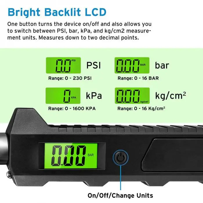 Manómetro digital de neumáticos 230 PSI 4 configuraciones resistente antideslizante con linterna LCD retroiluminada para camión/coche/bicicleta/motocicletas