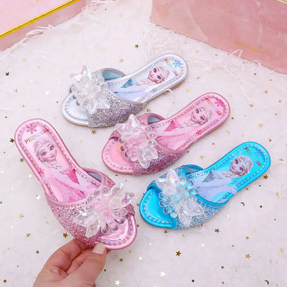 Sandalias Disney para niños, zapatillas de Frozen, zapatos de princesa Elsa a la moda, sandalias antideslizantes con flores de cristal, color azul, rosa y plateado