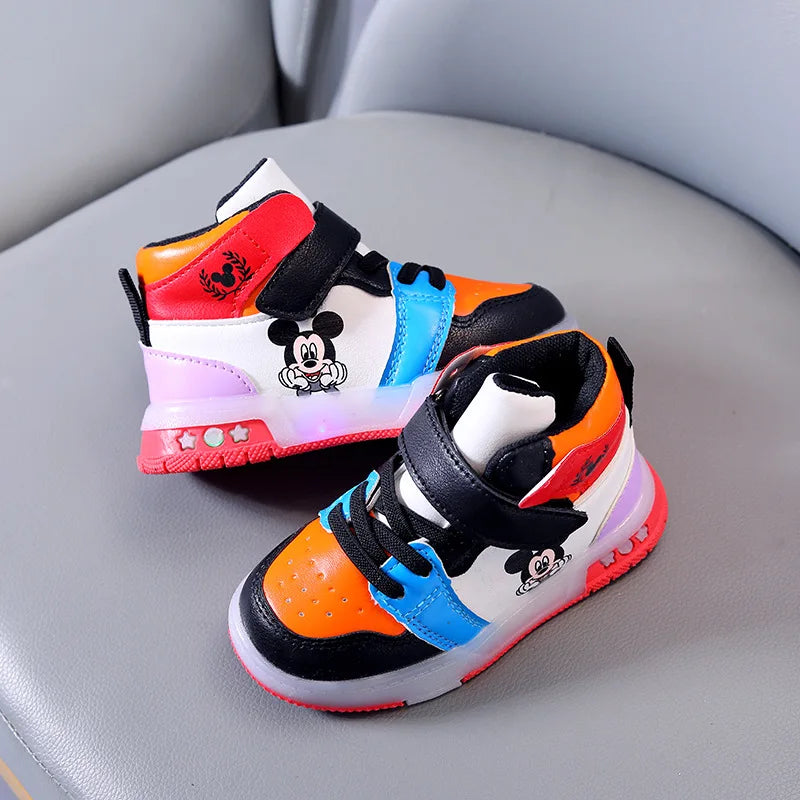 Zapatos Causla de Disney para niñas, zapatillas deportivas informales de cuero PU con LED luminiscentes de Mickey Mouse para niños de 1 a 6 años