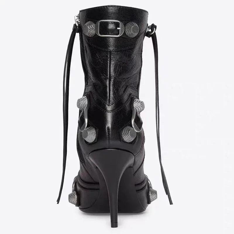 Botines de tacón alto y fino para mujer, decoración de Metal, remaches, flecos, cremallera, punta pintada, botines de motocicleta para mujer, zapatos de mujer