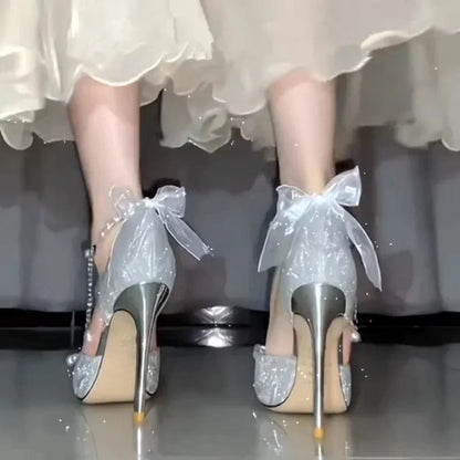 Zapatos de boda para mujer, sandalias de satén con lazo de cristal, zapatos transparentes de tacón alto para fiesta y graduación, 2023
