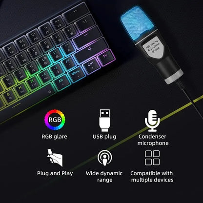 Micrófono USB portátil, micrófono RGB, condensador, micrófono para juegos con cable para estudio de grabación de Podcast, Streaming, portátil y de escritorio