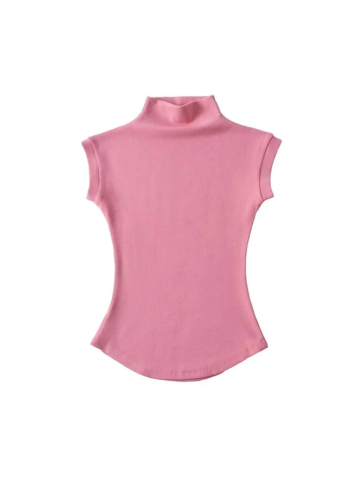 Camisetas sin mangas con cuello alto para mujer, Tops sexys de verano, jerséis ajustados lisos, camisetas informales, ropa de calle femenina, camisetas básicas