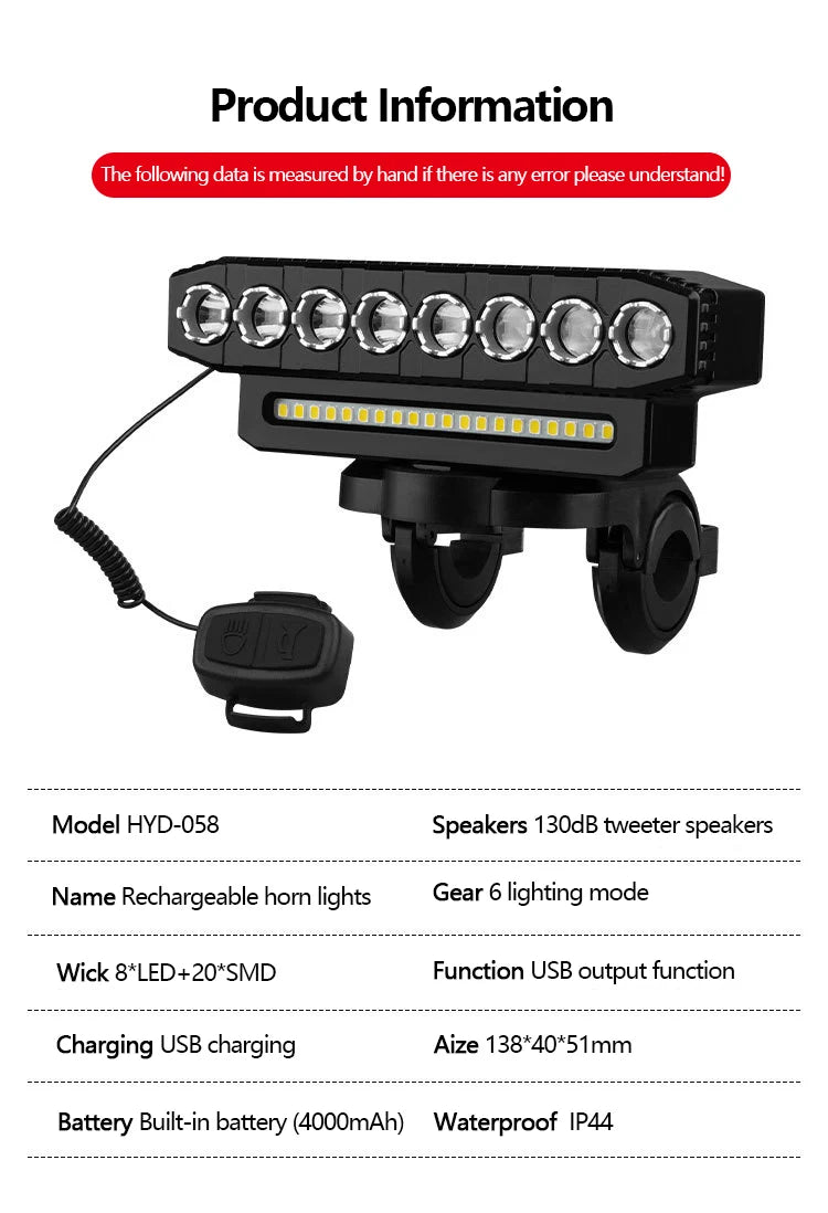 Luz delantera de bicicleta LED 5/8 recargable por USB 130dB bocina de bicicleta fácil de instalar 6 modos luz de timbre de bicicleta