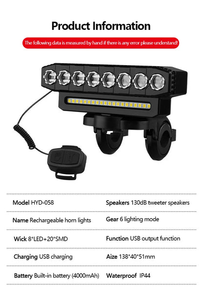 Luz delantera de bicicleta LED 5/8 recargable por USB 130dB bocina de bicicleta fácil de instalar 6 modos luz de timbre de bicicleta