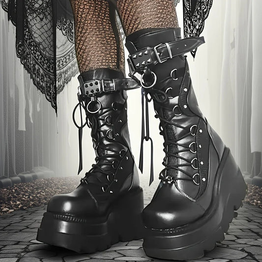 Nuevas botas de plataforma góticas para mujer, cuñas Punk con hebilla de remache a la moda, tacones altos, botas para mujer, zapatos de fiesta Street Cosplay para mujer