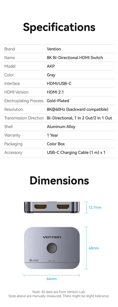 Vention HDMI 2,1 divisor 8K 60Hz 4K120Hz bidireccional 2 en 1 salida para TV Xiaomi Xbox PS4 5 Monitor compatible con HDMI conmutador HDMI