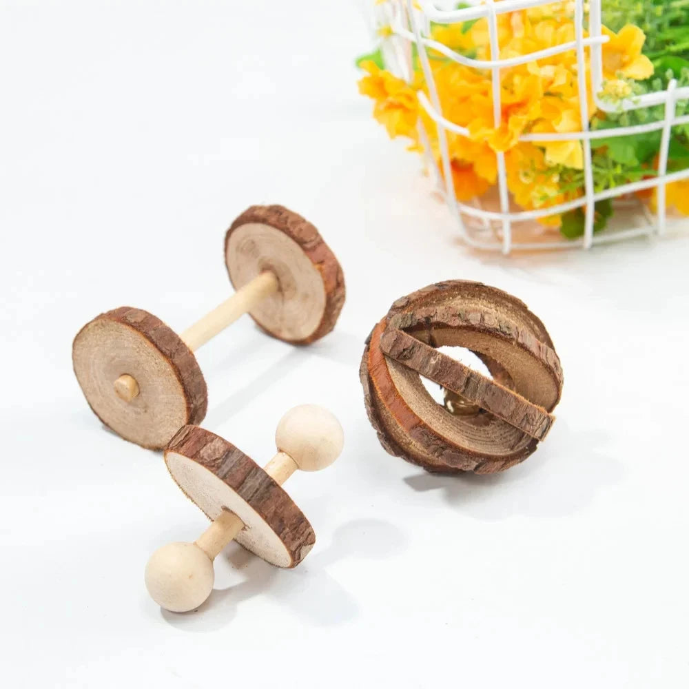 conejillo de indias, conejo, hámster, Animal PEQUEÑO, juguetes con rodillo para mascotas, mancuernas de pino de madera Natural, monociclo, campana para masticar, bola trenzada