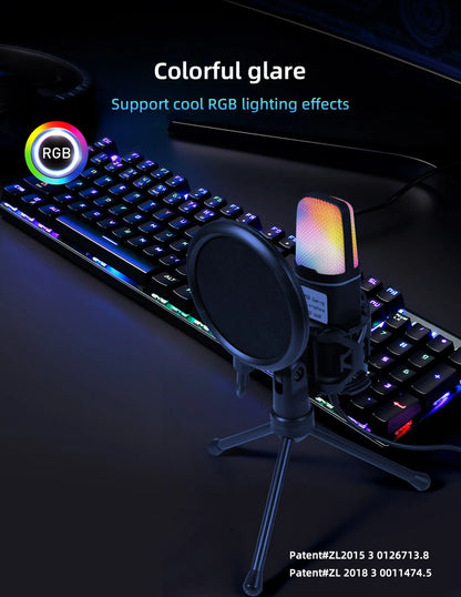 Micrófono USB portátil, micrófono RGB, condensador, micrófono para juegos con cable para estudio de grabación de Podcast, Streaming, portátil y de escritorio