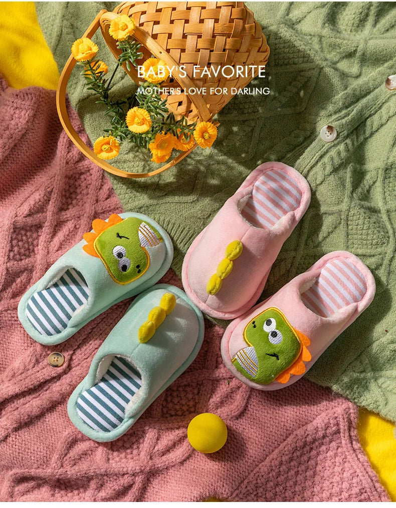 Zapatilla de piel de dinosaurio de dibujos animados para niños, zapatos suaves de otoño e invierno cálidos de princesa para bebés y niñas, zapatos de piel de lana de algodón para interiores y dormitorios