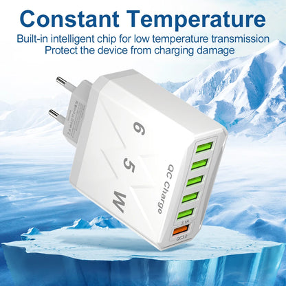 Cargador USB de 6 puertos de carga rápida, adaptador de teléfono móvil para iPhone 14, Samsung, Xiaomi, enchufe de la UE, KR, EE. UU., Reino Unido, 65W, QC3.0