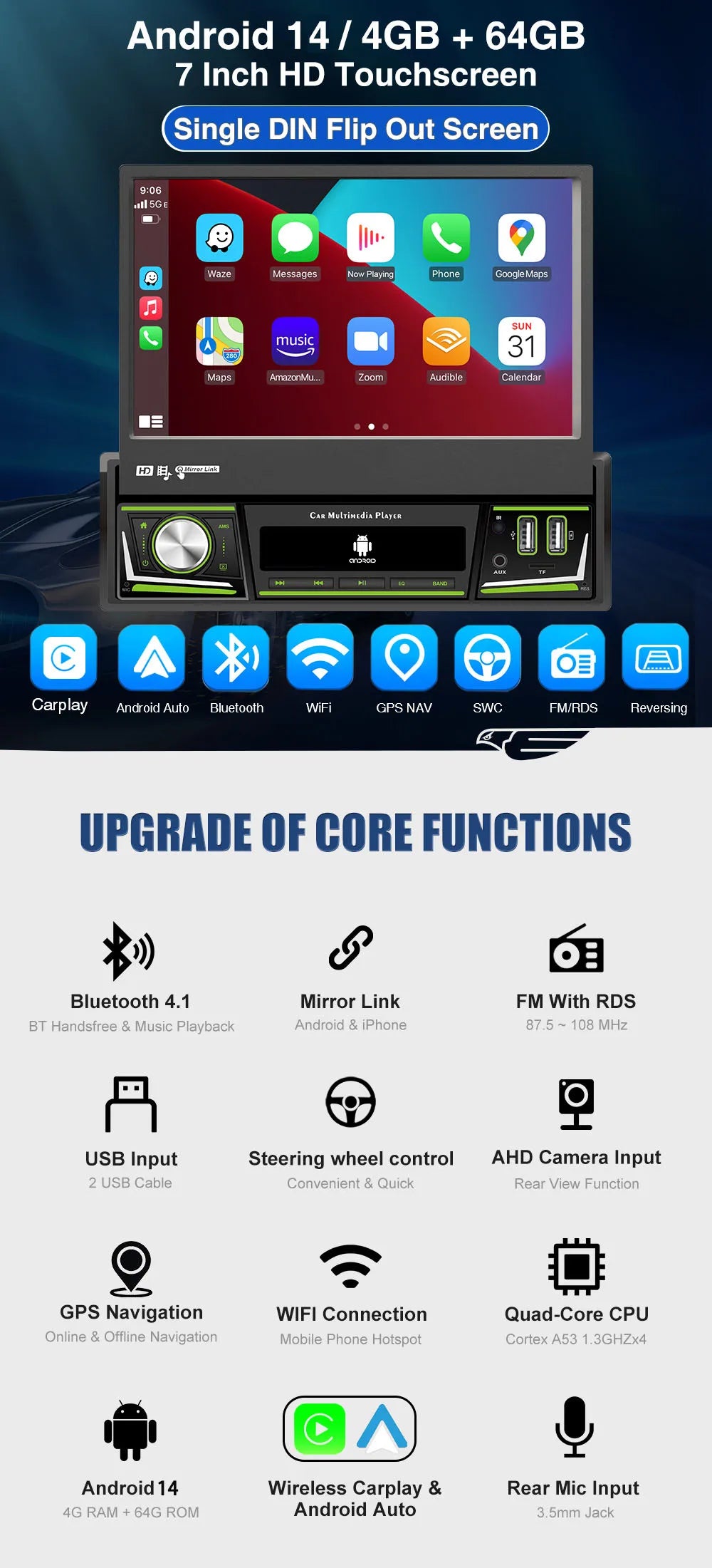 Radio de coche ESSGOO 7 pulgadas 1 DIN Flip-Out, 4+64 GB, Carplay inalámbrico, Android Auto, Bluetooth, pantalla táctil, Android 14, reproductor MP5, unidad principal, SWC, GPS, cámara.