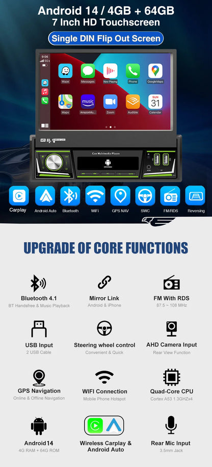 Radio de coche ESSGOO 7 pulgadas 1 DIN Flip-Out, 4+64 GB, Carplay inalámbrico, Android Auto, Bluetooth, pantalla táctil, Android 14, reproductor MP5, unidad principal, SWC, GPS, cámara.