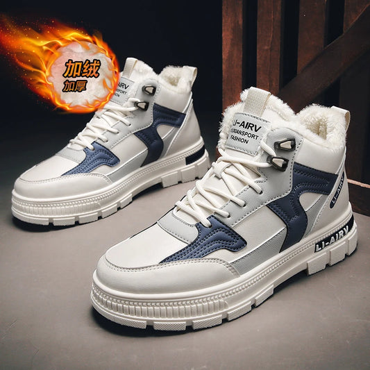 2024 nuevo modelo de zapatos de invierno para hombres, además de zapatillas de deporte gruesas y cálidas de terciopelo para nieve fría, zapatos deportivos informales blancos que combinan con todo para hombres