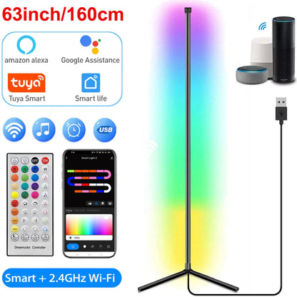 Lámpara de pie de esquina inteligente Tuya de 160cm, iluminación LED RGB regulable, iluminación de ambiente moderna, luces de soporte Alexa para dormitorio, juegos, decoración para sala de estar