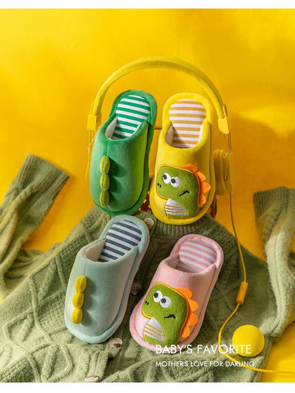 Zapatilla de piel de dinosaurio de dibujos animados para niños, zapatos suaves de otoño e invierno cálidos de princesa para bebés y niñas, zapatos de piel de lana de algodón para interiores y dormitorios