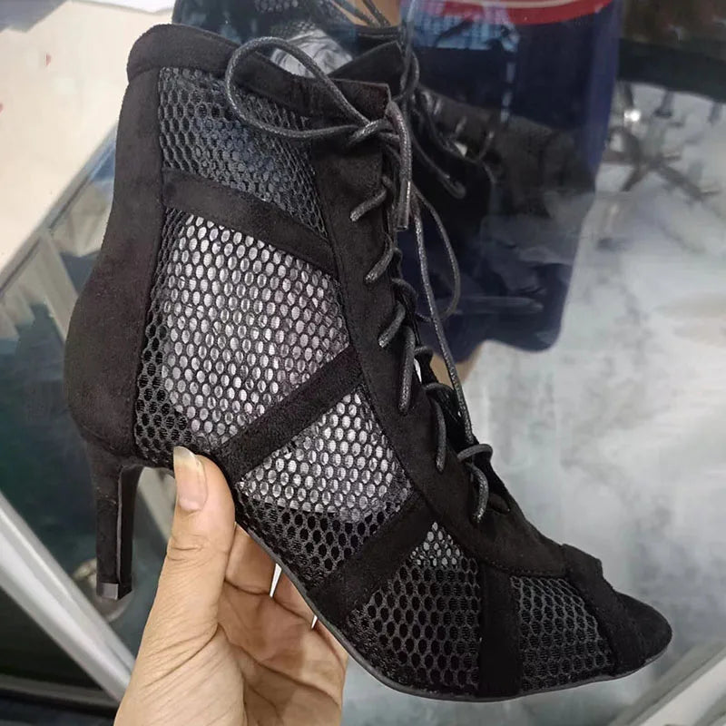 Zapatos negros sexis con cordones cruzados para mujer, cómodos tacones finos de alta calidad, sandalias de baile con punta abierta, zapatos de tacón calados con correa en el tobillo