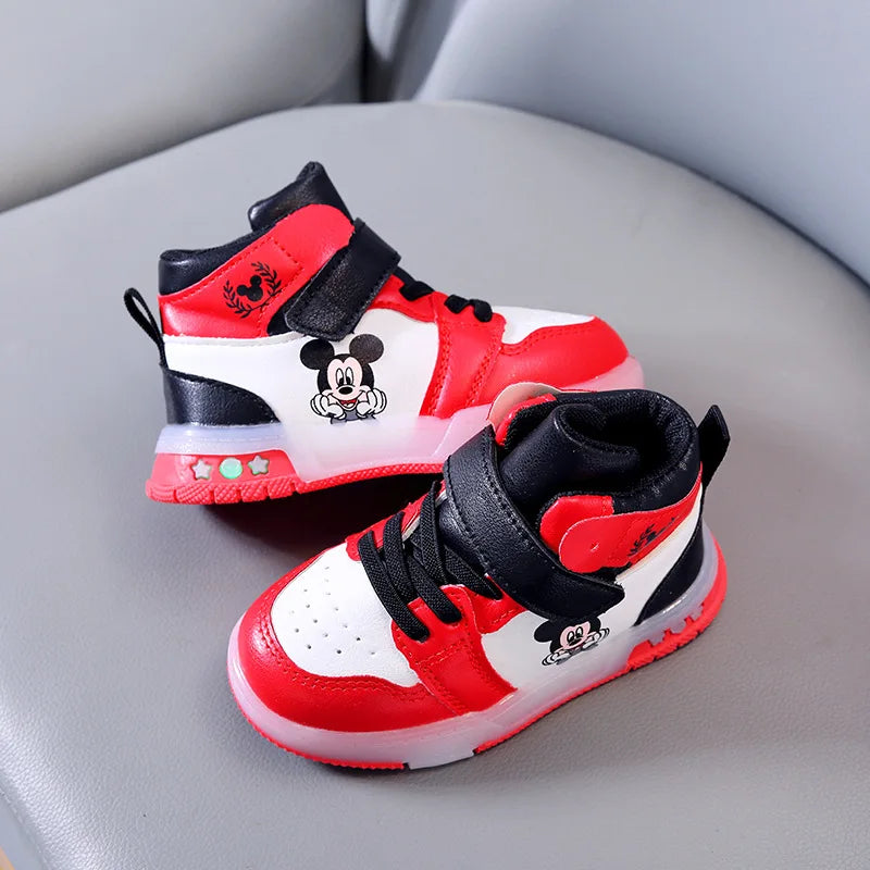 Zapatos Causla de Disney para niñas, zapatillas deportivas informales de cuero PU con LED luminiscentes de Mickey Mouse para niños de 1 a 6 años