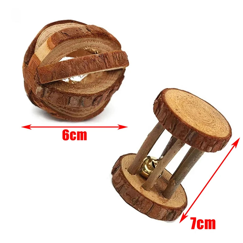 conejillo de indias, conejo, hámster, Animal PEQUEÑO, juguetes con rodillo para mascotas, mancuernas de pino de madera Natural, monociclo, campana para masticar, bola trenzada