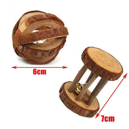 conejillo de indias, conejo, hámster, Animal PEQUEÑO, juguetes con rodillo para mascotas, mancuernas de pino de madera Natural, monociclo, campana para masticar, bola trenzada