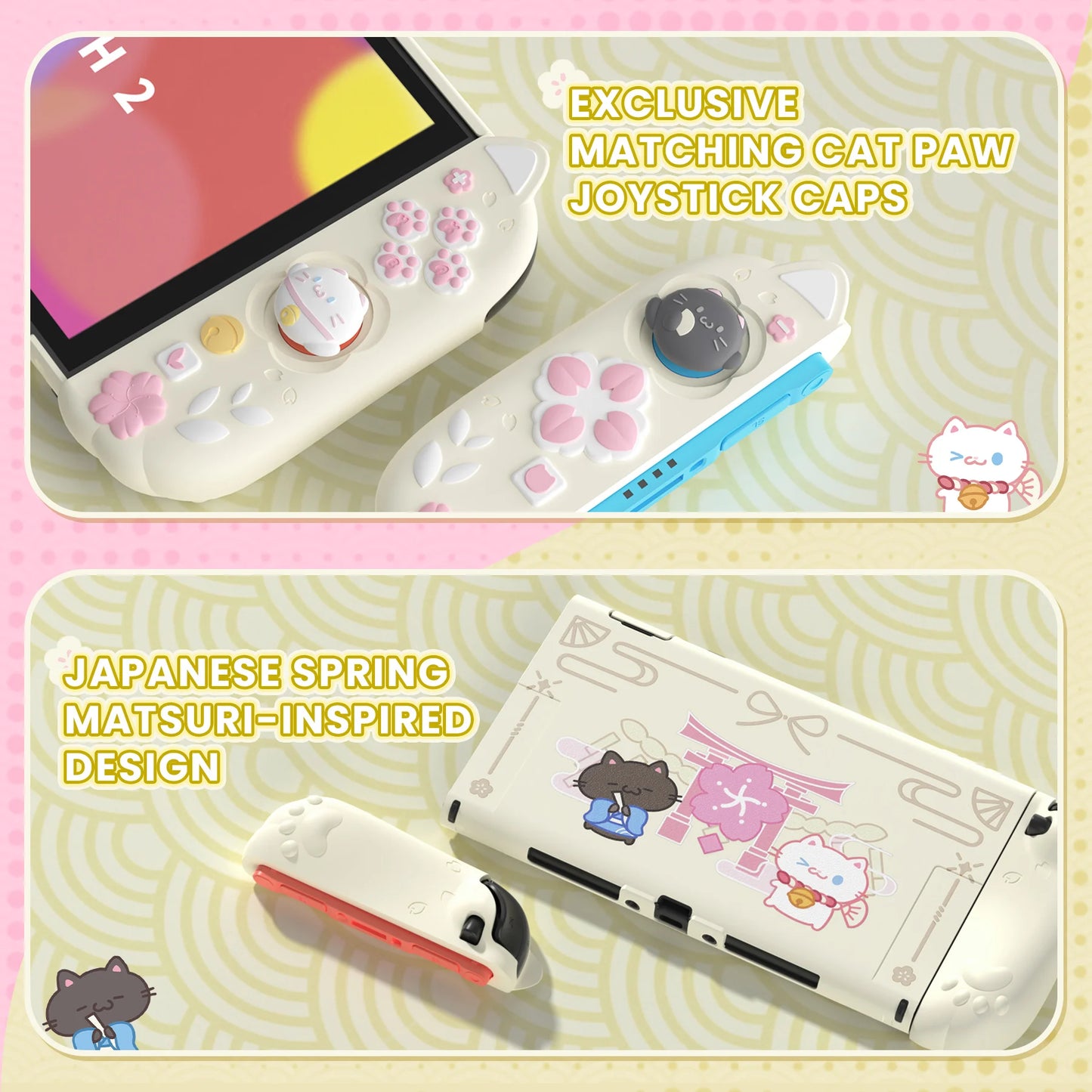 PlayVital Funda acoplable con diseño de gatito y flor de cerezo para Nintendo Switch 2, empuñadura de silicona rosa y carcasa para PC/funda Joycon con pata de oreja de gato