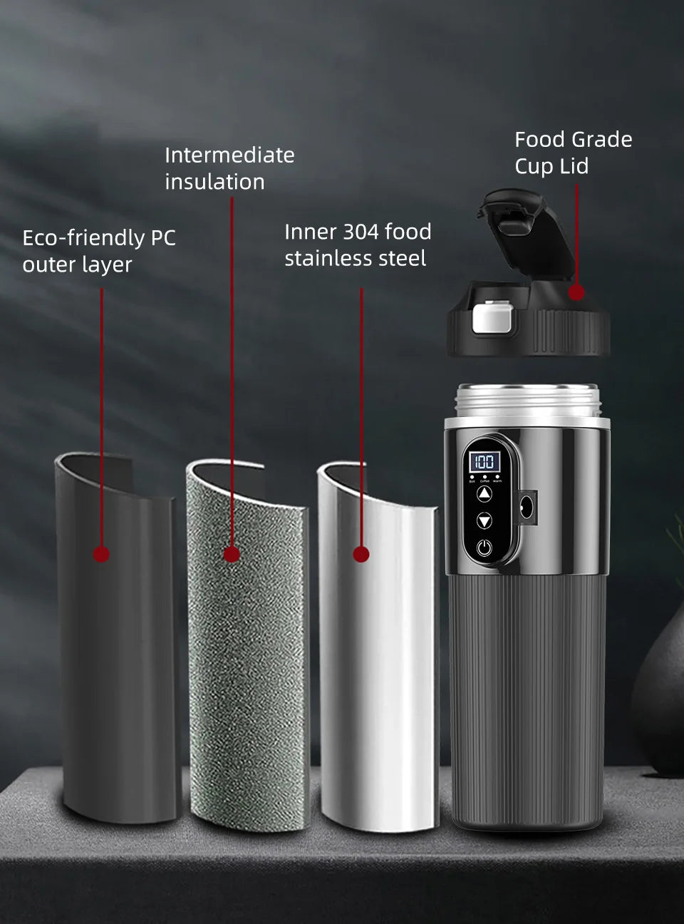 Tetera con taza calefactora eléctrica de 12V/24V y 500ML, botella con calentador de agua de acero inoxidable 304, apagado automático, taza de ebullición rápida para coche de viaje