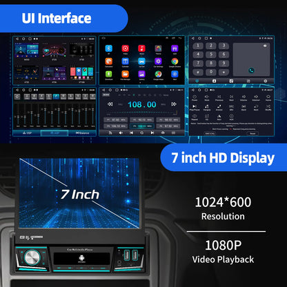 Radio de coche ESSGOO 7 pulgadas 1 DIN Flip-Out, 4+64 GB, Carplay inalámbrico, Android Auto, Bluetooth, pantalla táctil, Android 14, reproductor MP5, unidad principal, SWC, GPS, cámara.