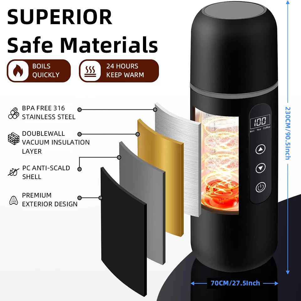 Hervidor eléctrico de viaje para coche, 12V/24V, portátil, taza de agua caliente, pantalla de visualización, calor de acero inoxidable 316 para preparar café y té