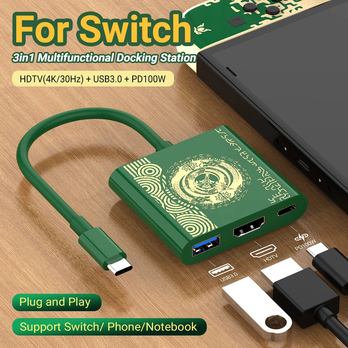 Estación de acoplamiento para juegos portátil Hub TYPE-C con HDMI y USB 3.0 Perfecto para viajes y juegos