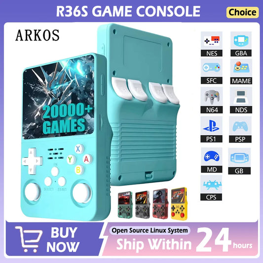 Consola de videojuegos portátil R36S, almacenamiento de pantalla IPS de 3,5 pulgadas, biblioteca de juegos 20000, sistema Arkos Linux, reproductor de bolsillo portátil