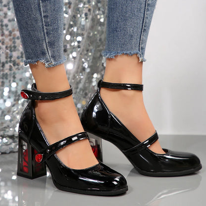2025 Zapatos Mary Jane de talla grande para mujer, zapatos de tacón grueso Retro francés, cojín cómodo de tacón cuadrado rosa para estilo informal elegante