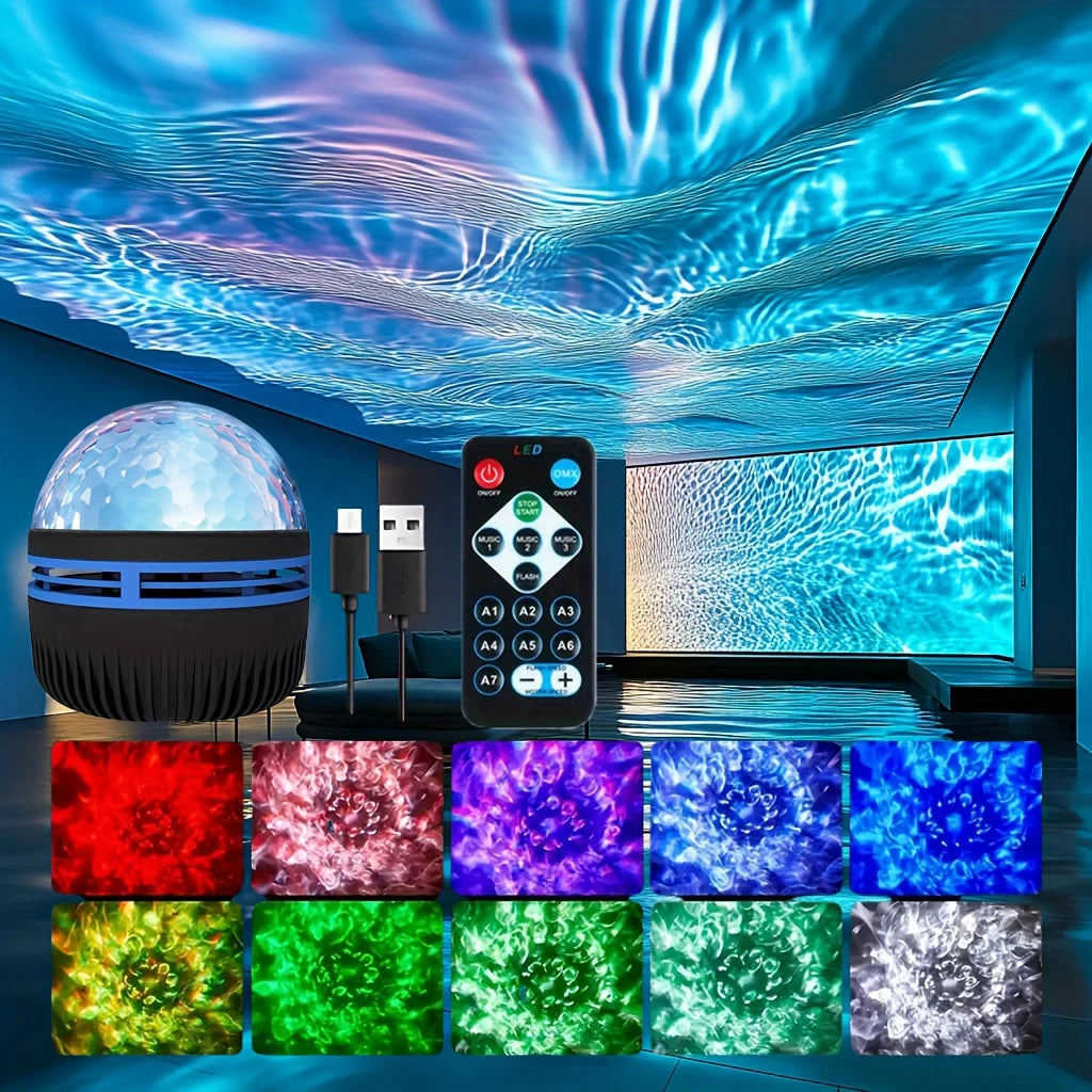 Proyector de galaxia con ondas de agua LED, luz RGB con Control remoto inteligente, lámpara de estrella Aurora, KTV, alimentado por USB, rotación automática, para el hogar y el dormitorio