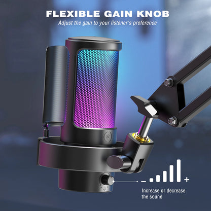 Micrófono USB FIFINE para grabar y transmitir en PC y Mac, salida de auriculares y botón de silencio táctil, micrófono con 3 modos RGB -A8