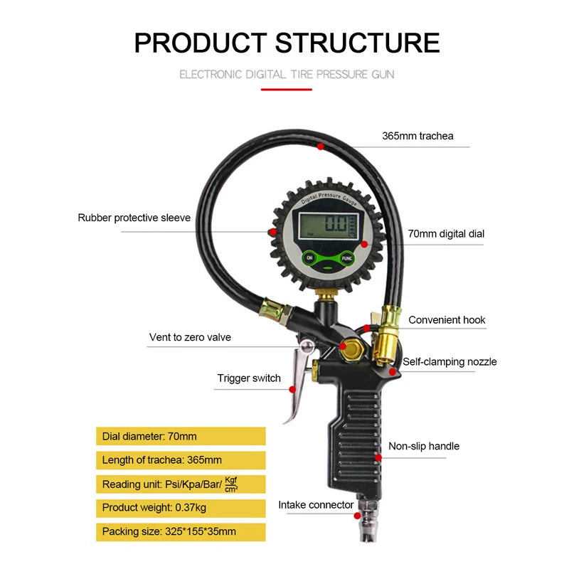 Medidor Digital de presión de neumáticos de coche, tipo pistola, monitoreo de inflado, compresor de aire desinflable, bomba de aire para motocicleta SUV, herramienta de reparación de neumáticos