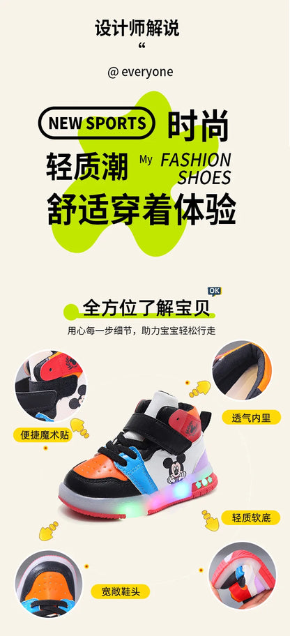 Zapatos Causla de Disney para niñas, zapatillas deportivas informales de cuero PU con LED luminiscentes de Mickey Mouse para niños de 1 a 6 años