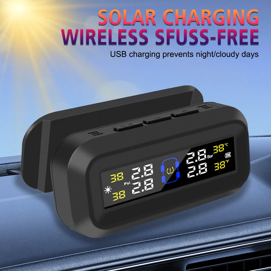 Pantalla LCD Digital, sistema de supervisión de presión de neumáticos, alarma de seguridad automática, Monitor de temperatura de neumáticos alimentado por USB Solar, TPMS para coche