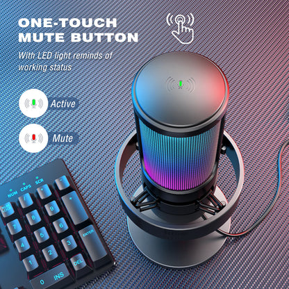 Micrófono USB FIFINE para grabar y transmitir en PC y Mac, salida de auriculares y botón de silencio táctil, micrófono con 3 modos RGB -A8