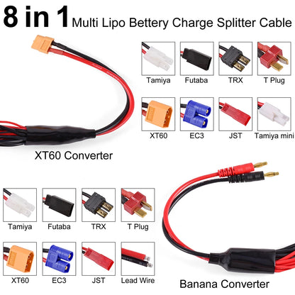 Conector adaptador de cargador RC 8 en 1, cargador 4,0mm Banana XT60 TRX Tamiya Lipo para coche RC Drone Imax B6 B6AC Cable de batería