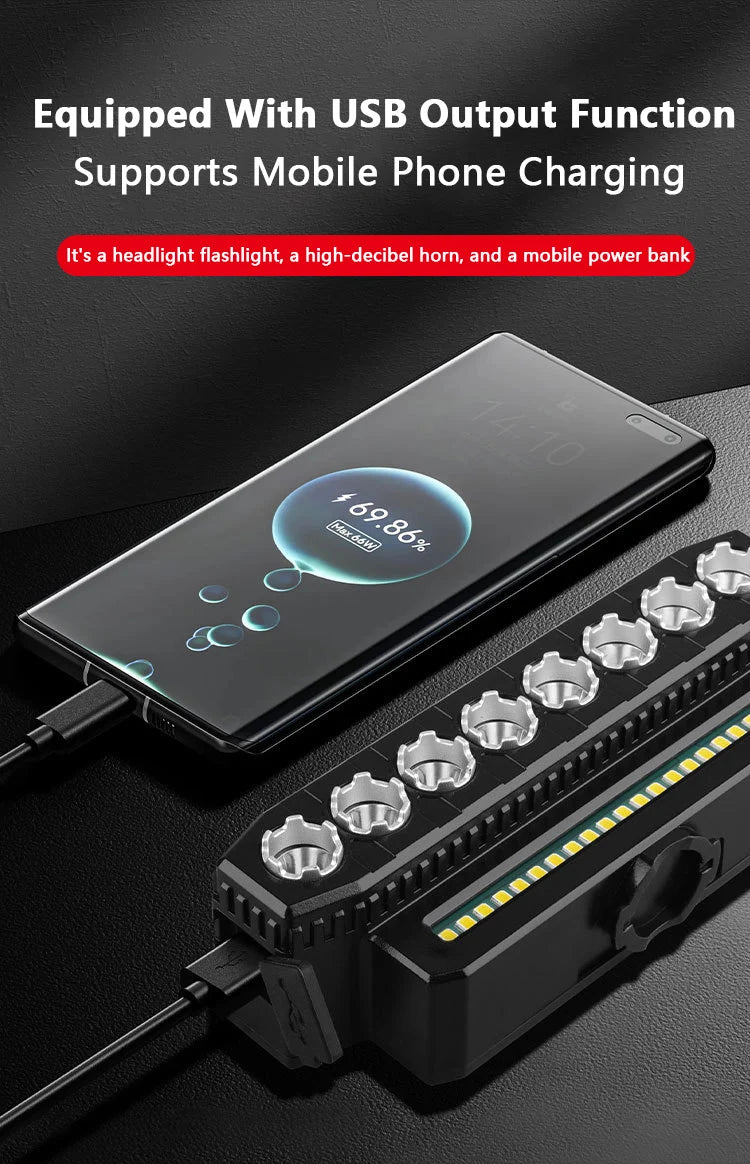 Luz delantera de bicicleta LED 5/8 recargable por USB 130dB bocina de bicicleta fácil de instalar 6 modos luz de timbre de bicicleta