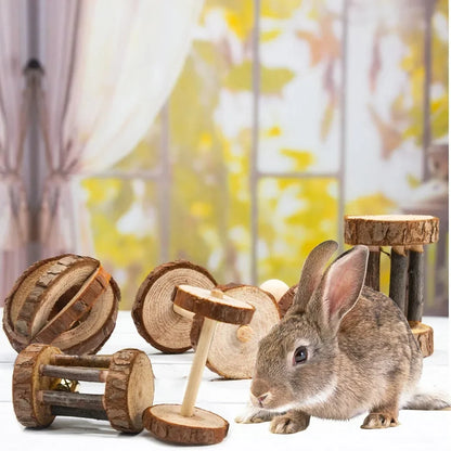 conejillo de indias, conejo, hámster, Animal PEQUEÑO, juguetes con rodillo para mascotas, mancuernas de pino de madera Natural, monociclo, campana para masticar, bola trenzada