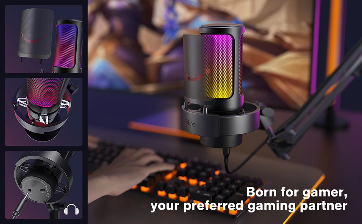 Micrófono USB FIFINE para grabar y transmitir en PC y Mac, salida de auriculares y botón de silencio táctil, micrófono con 3 modos RGB -A8