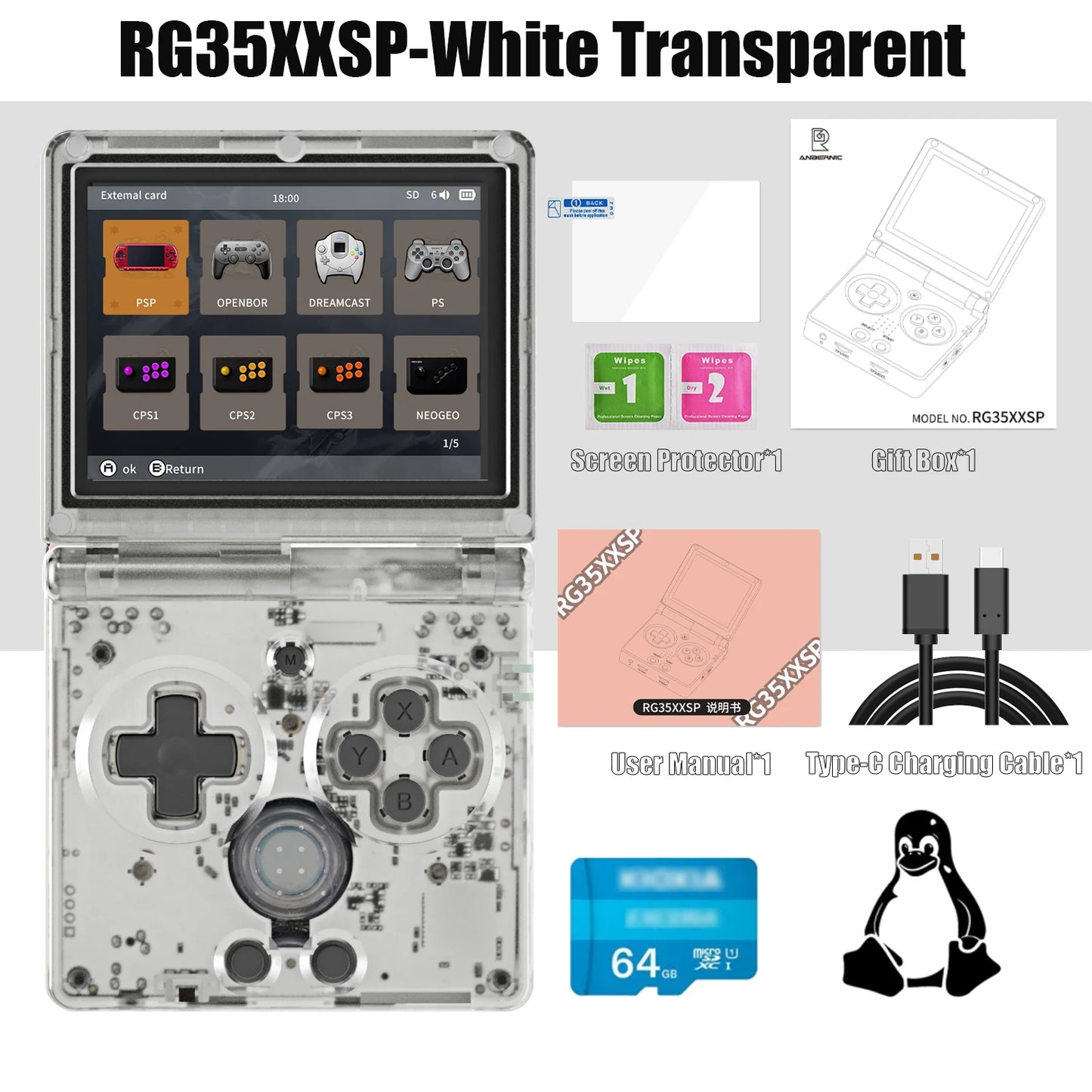 ANBERNIC nueva consola de juegos portátil RG35XXSP con tapa consola de videojuegos IPS de 3,5 pulgadas sistema Linux de 64 bits 64G reproducción en línea