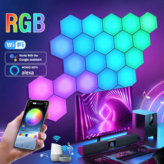 Lámpara de pared Hexagonal inteligente RGB, luz nocturna ambiental que cambia de Color, forma DYI, ritmo musical, Control por aplicación para sala de juegos y dormitorio