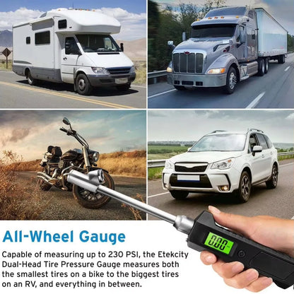 Manómetro digital de neumáticos 230 PSI 4 configuraciones resistente antideslizante con linterna LCD retroiluminada para camión/coche/bicicleta/motocicletas