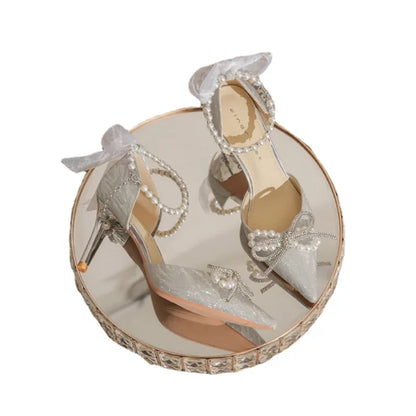 Zapatos de boda para mujer, sandalias de satén con lazo de cristal, zapatos transparentes de tacón alto para fiesta y graduación, 2023