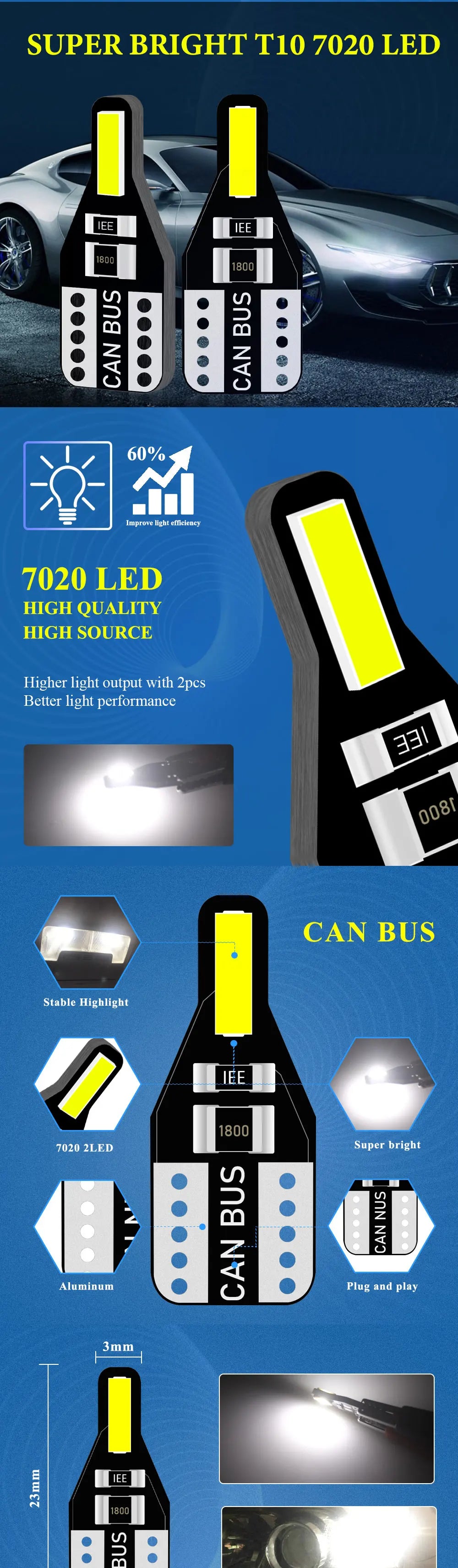 10 Uds T10 W5W bombilla LED Canbus 194 168 7020 Cob 2SMD luces interiores de coche lámpara de lectura bombilla de cuña blanco sin errores