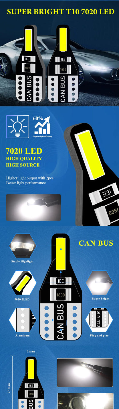 10 Uds T10 W5W bombilla LED Canbus 194 168 7020 Cob 2SMD luces interiores de coche lámpara de lectura bombilla de cuña blanco sin errores
