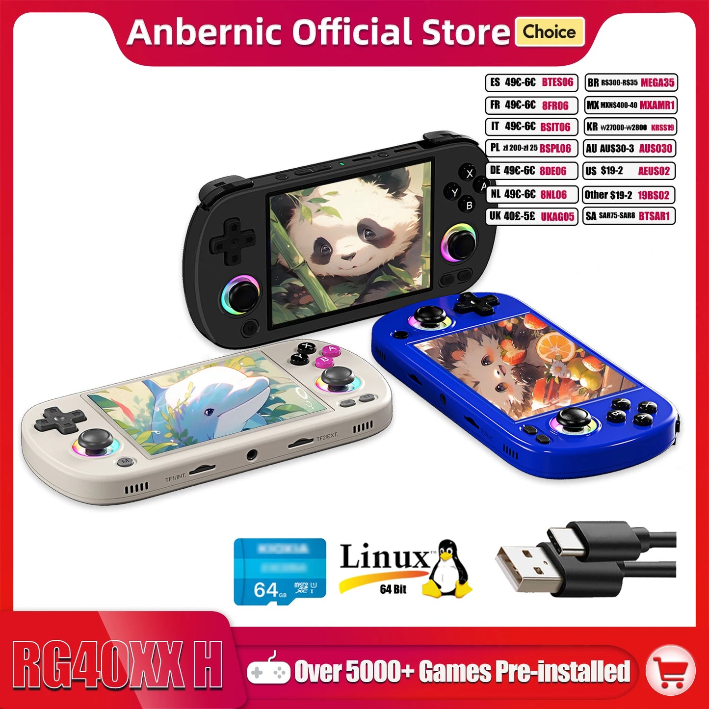 ANBERNIC-consola de juegos portátil RG40XX H, pantalla IPS de 4,0 pulgadas, 640x480, sistema de 3200mAh y 64 bits con luz RGB integrada en 5K + juegos RG40XXH
