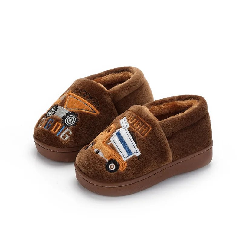 Zapatos cálidos de invierno para niños con bordado de dibujos animados, zapatos de algodón con estampado de coche para niños y niñas, zapatos de interior para el hogar