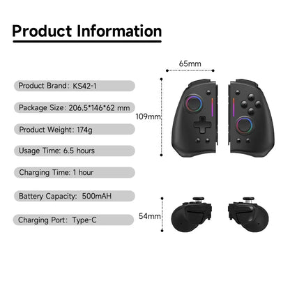LinYuvo KS42 Joy-pad inalámbrico con luz de meteoros con luces RGB de 8 colores para interruptor/Lite/OLED, con programable, Turbo y vibración